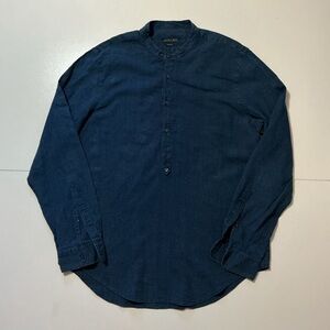 Zara Man Slim Fit Mandarin Banded Collar Blue L/S 1/2 Button Front Shirt
